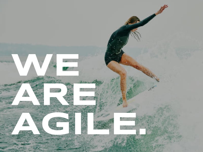 A woman surfing in a wetsuit. The words on the image read: We are agile.