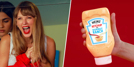 A photo collage of Taylor Swift smiling next to a photo of Heinz's "Ketchup and Seemingly Ranch" product.