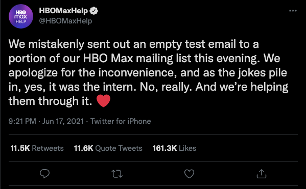 A screenshot of HBO Max's tweet explaining their intern's mistake.