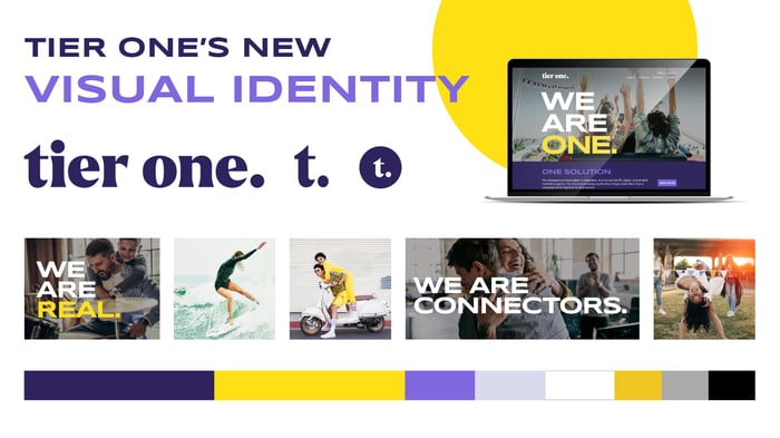 Graphic with Tier One's new logo, typeface, color pallette, and imagery