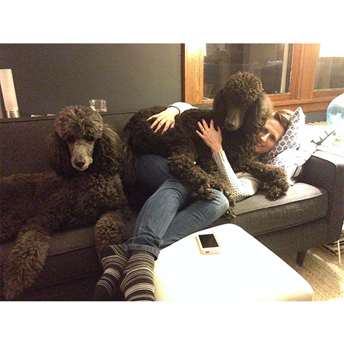 Ashley and her dogs on sofa