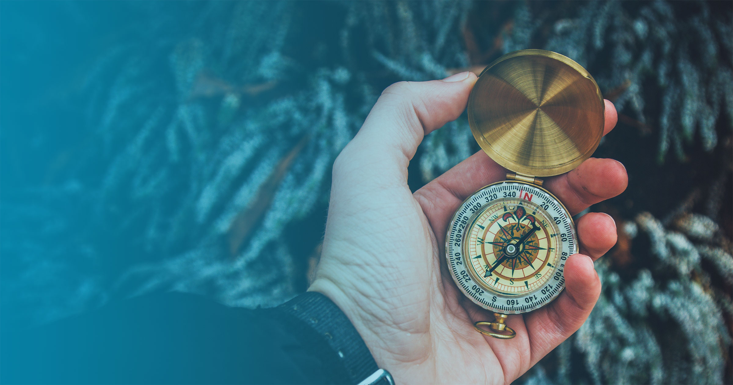 Hand holding brass compass